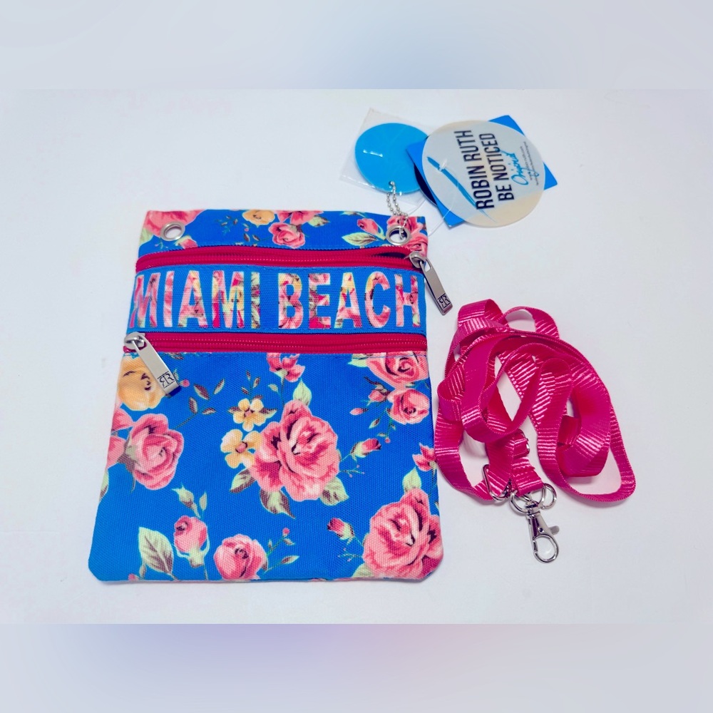 NWT Robin Ruth Miami Beach Original Crossbody Bag Purse Floral Blue/Hot Pink